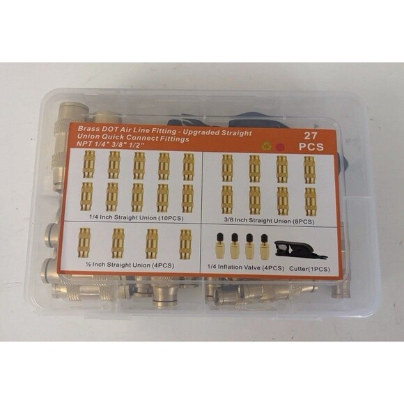 27 Piece Brass DOT Air Line Fittings Kit Push Lock Quick Connect 1/4" 3/8" 1/2" - Picture 10 of 10